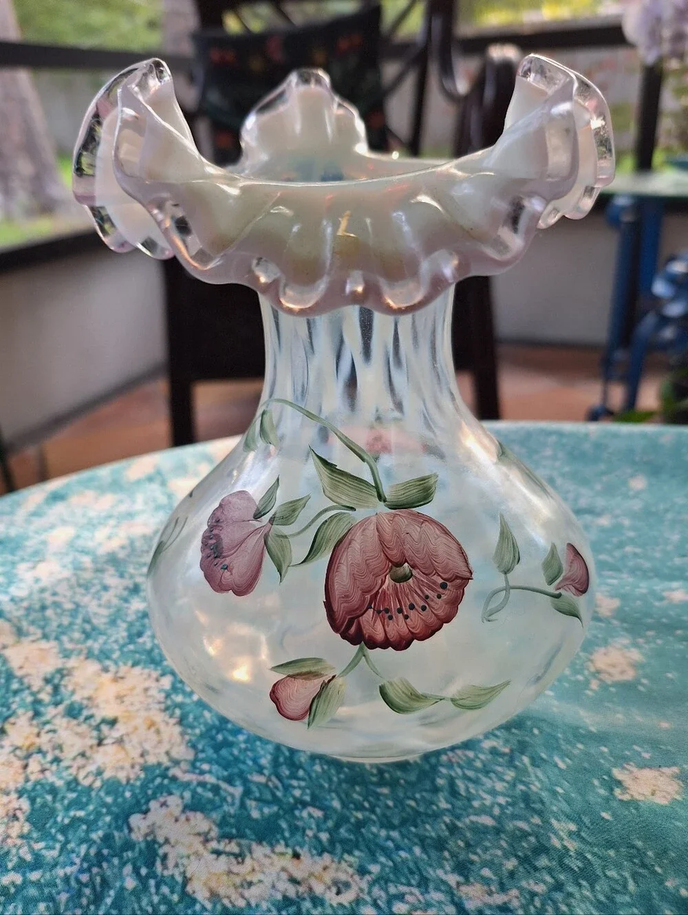 Fenton Vintage Hand-Painted Pink Floral Ruffled Glass Vase